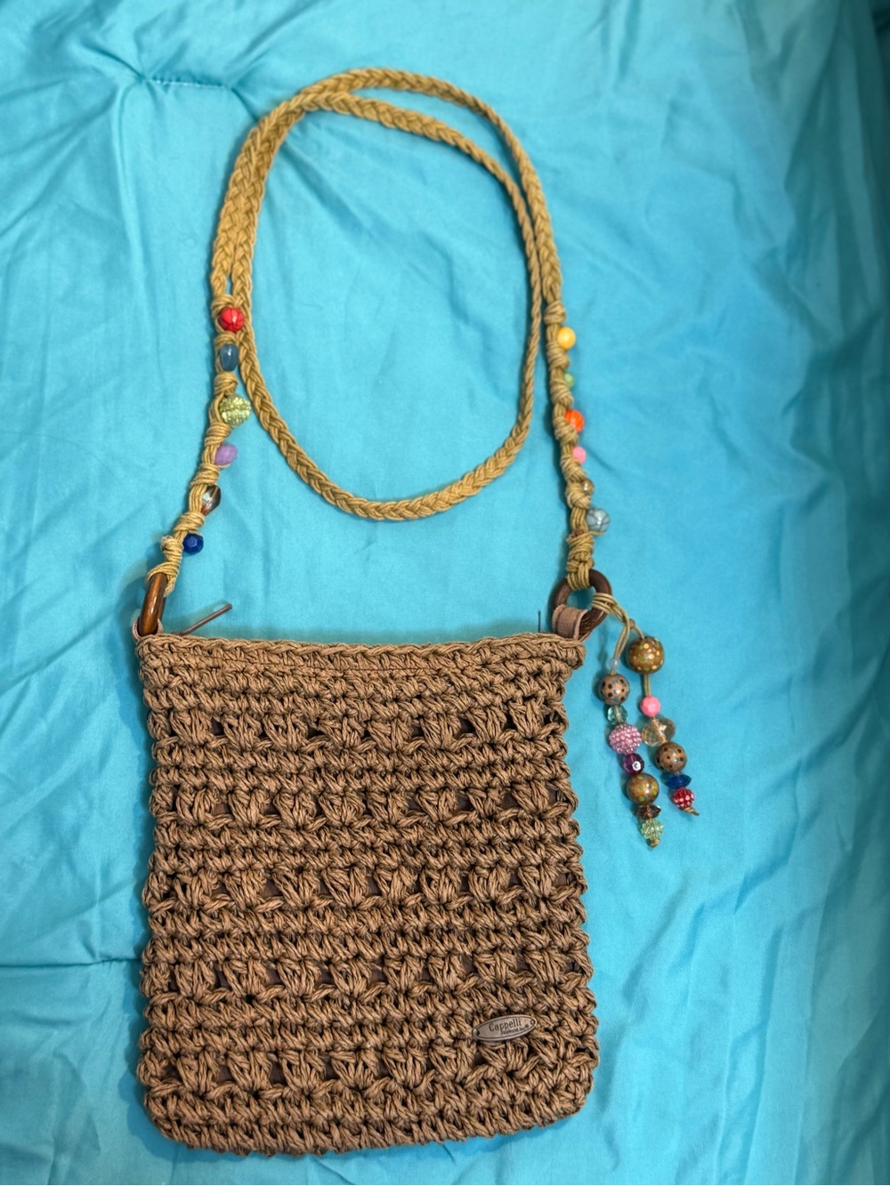Cappelli Straworld Tan Crochet Crossbody with Multicolor Bead Accents